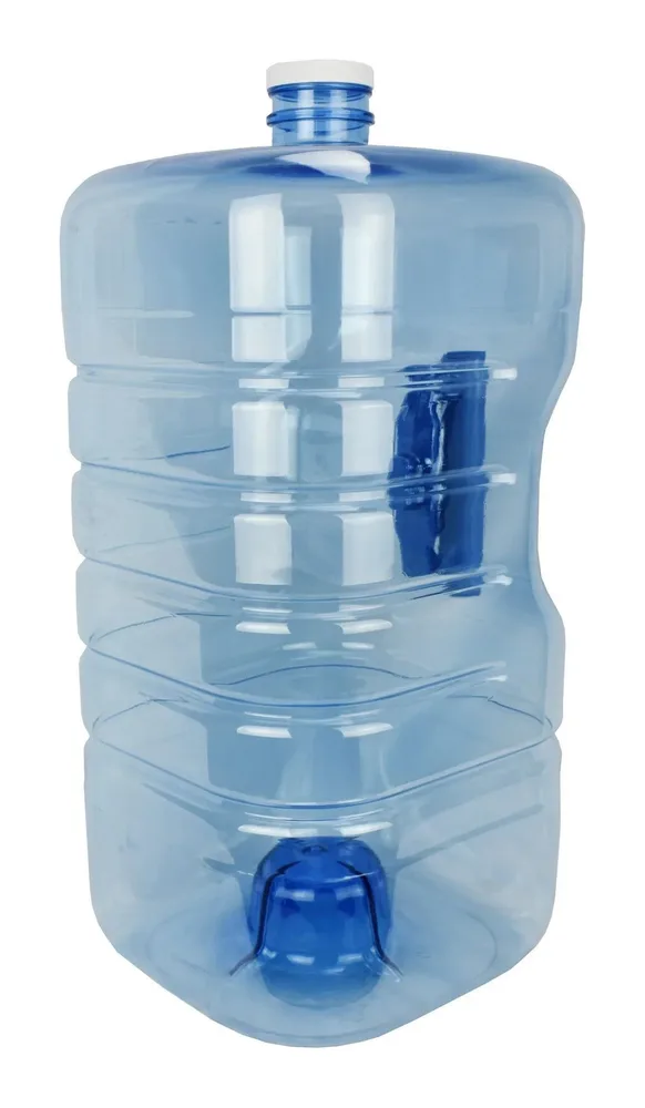 A clear blue 5-gallon HydraZorb water jug