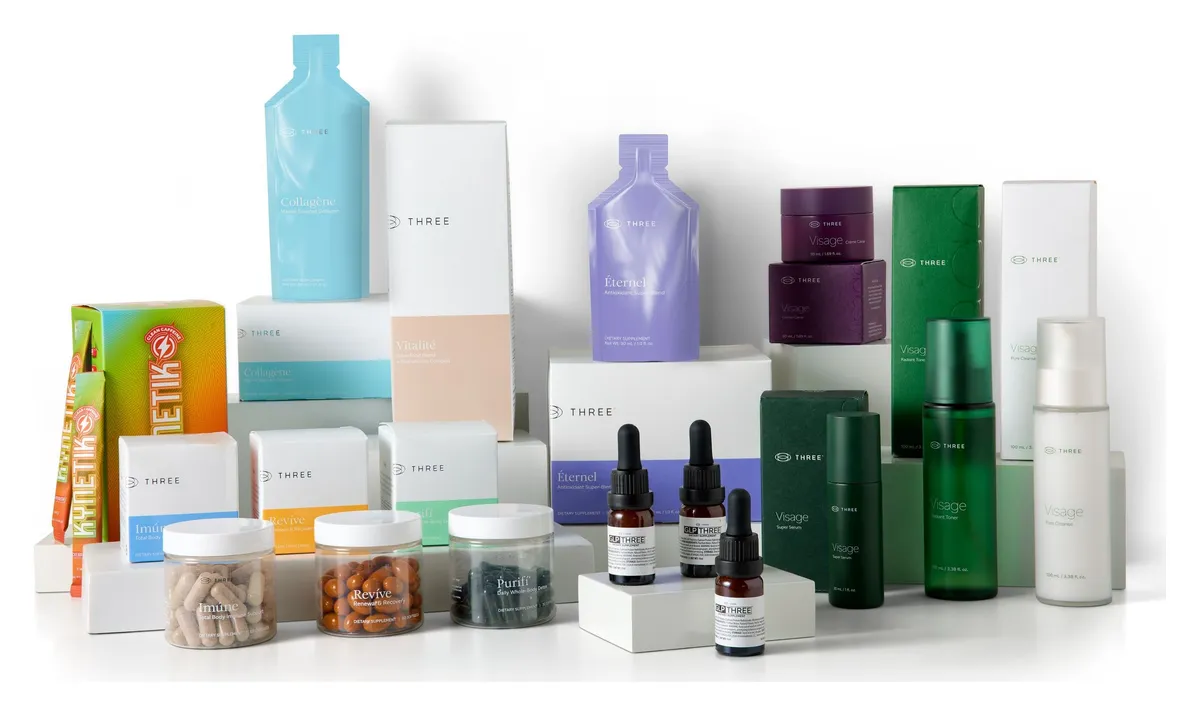 The THREE International product range: supplement pouches, capsule jars, dropper bottles and skincare